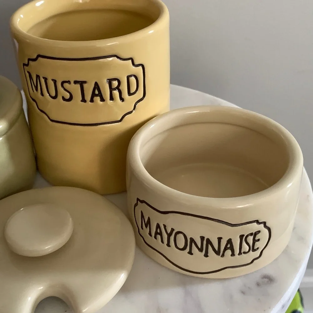 Pottery Barn Ceramic Condiment Set Relish‎ Mustard Mayonnaise Jars 3 Piece Set